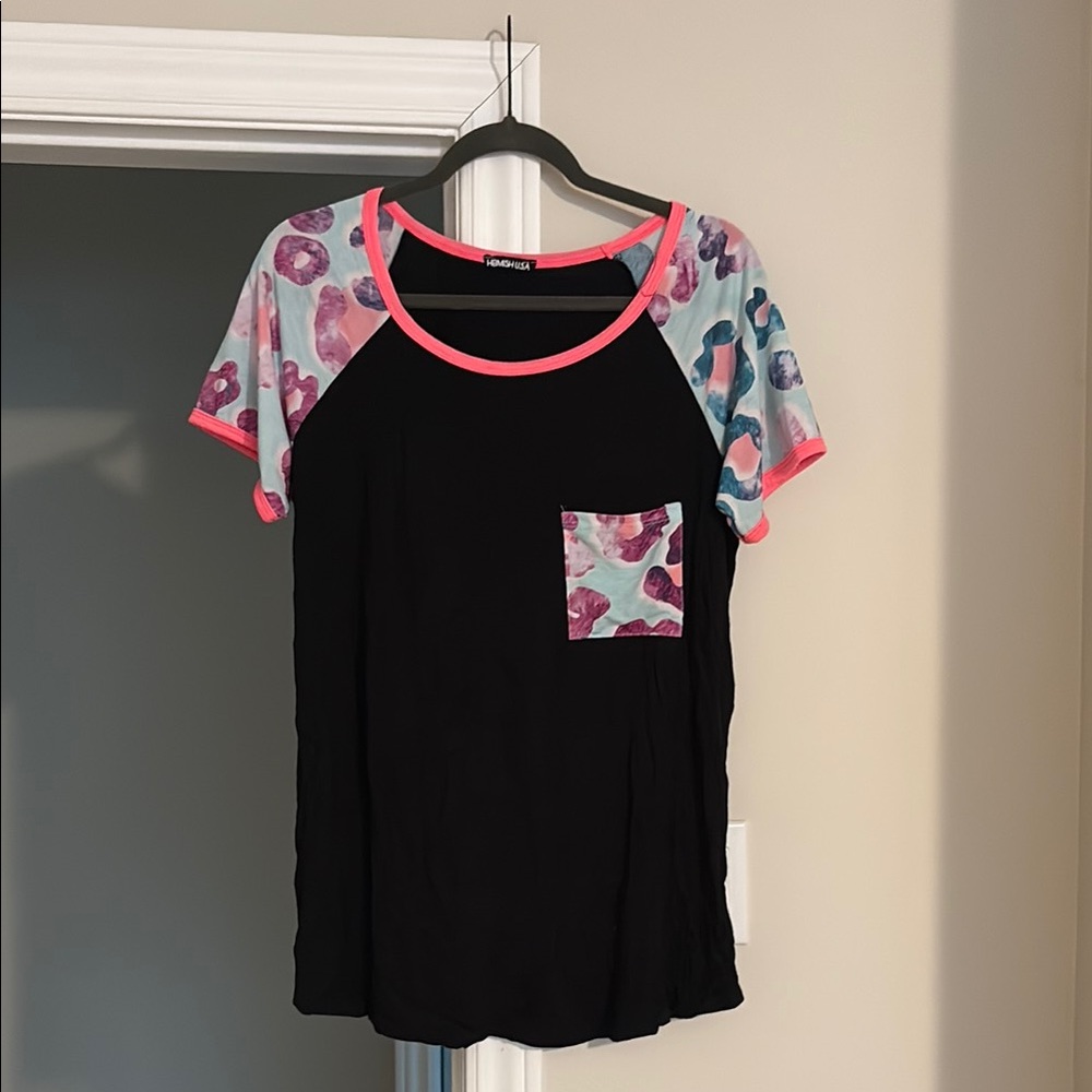 Black T-Shirt with Pink Trim and Patterned Sleeves
